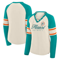 Miami Dolphins Women's Hometown Gridiron Hero Raglan Lace-Up V-Neck Long Sleeve T-Shirt - Cream/Aqua T-shirts
