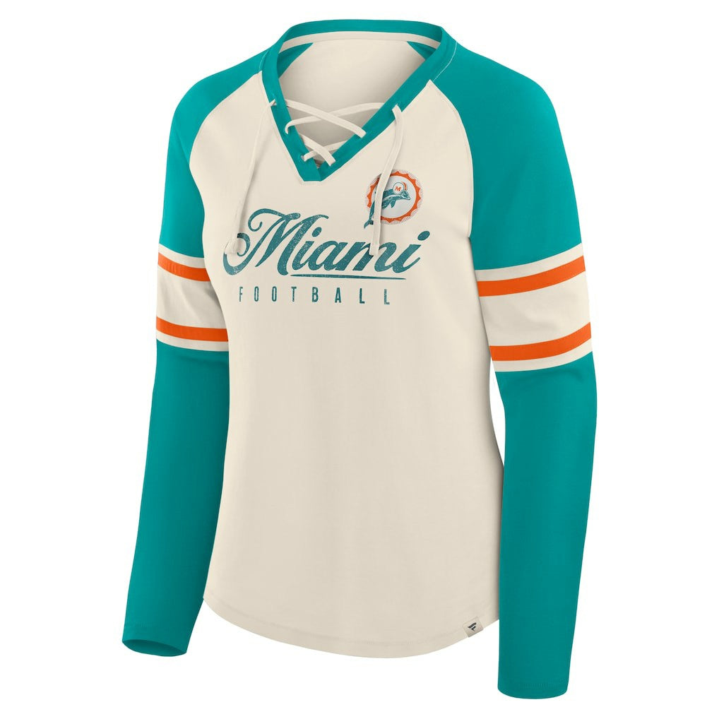 Miami Dolphins Women's Hometown Gridiron Hero Raglan Lace-Up V-Neck Long Sleeve T-Shirt - Cream/Aqua T-shirts