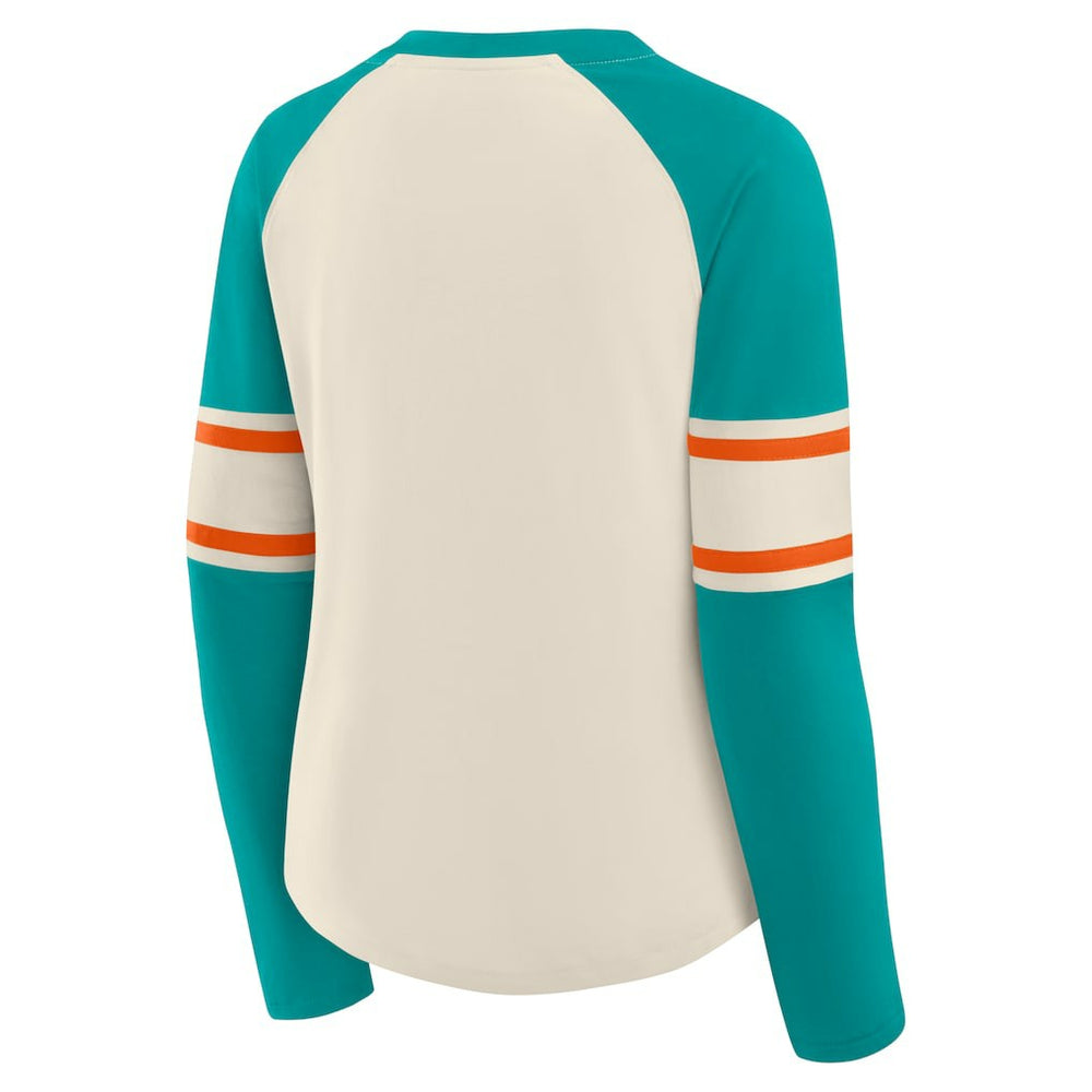 Miami Dolphins Women's Hometown Gridiron Hero Raglan Lace-Up V-Neck Long Sleeve T-Shirt - Cream/Aqua T-shirts
