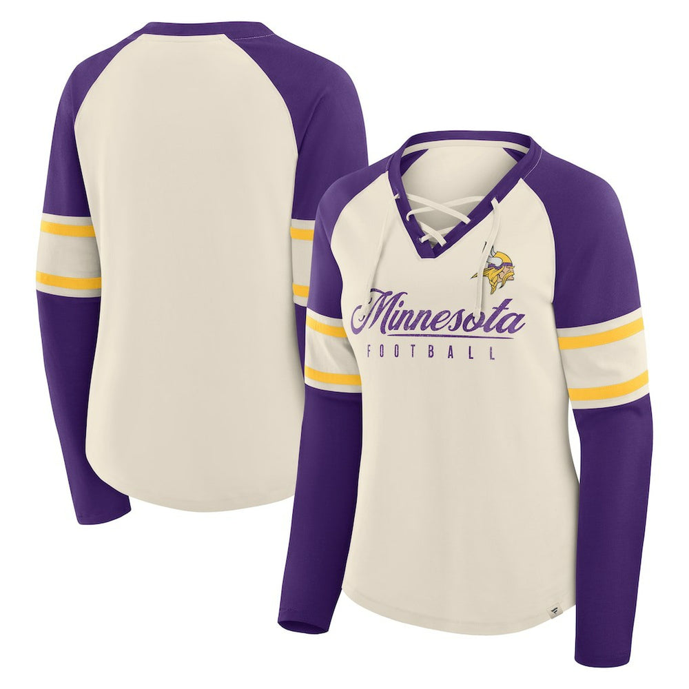 Minnesota Vikings Women's Hometown Gridiron Hero Raglan Lace-Up V-Neck Long Sleeve T-Shirt - Cream/Purple T-shirts
