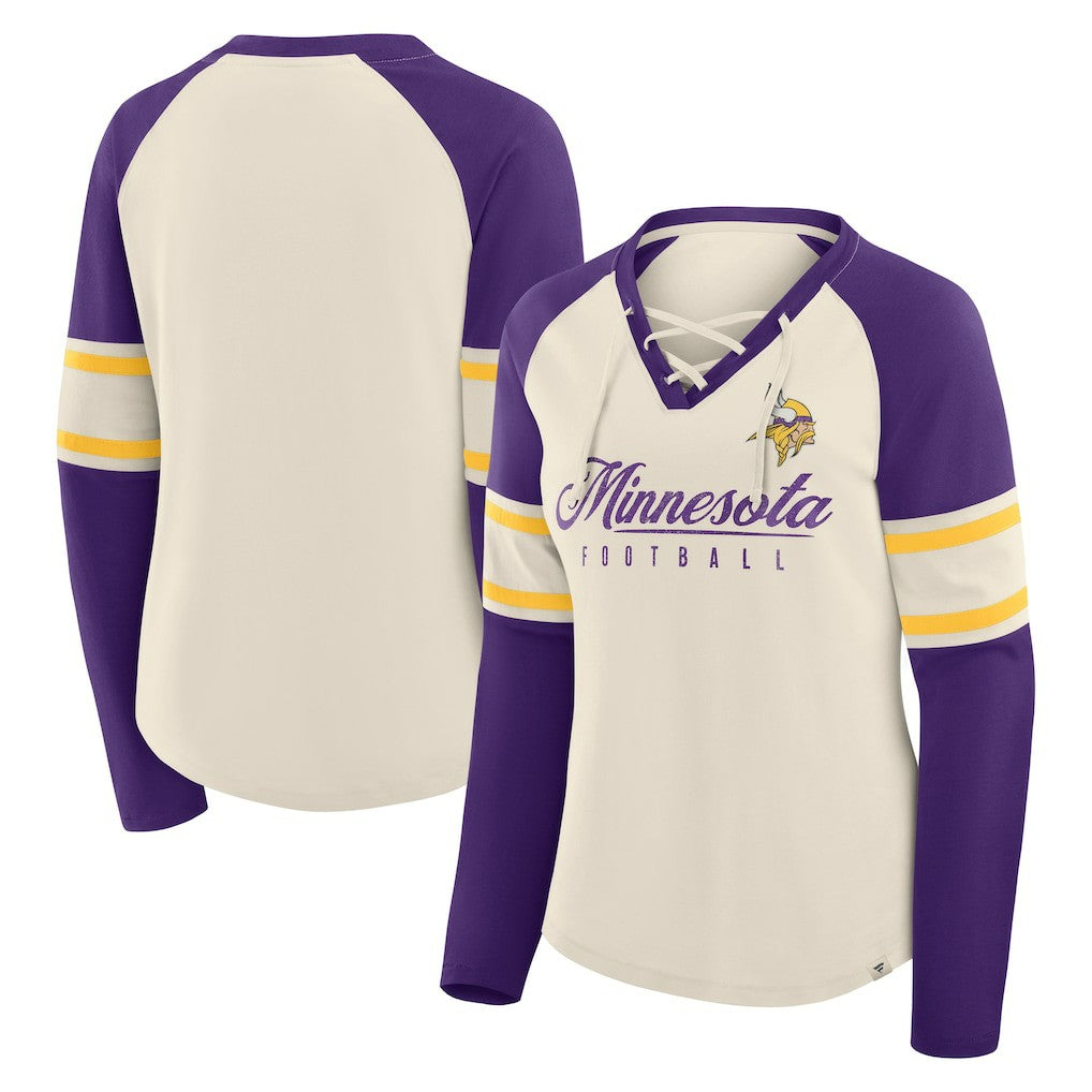 Minnesota Vikings Women's Hometown Gridiron Hero Raglan Lace-Up V-Neck Long Sleeve T-Shirt - Cream/Purple T-shirts