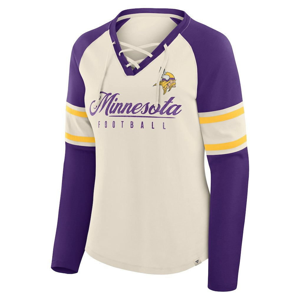 Minnesota Vikings Women's Hometown Gridiron Hero Raglan Lace-Up V-Neck Long Sleeve T-Shirt - Cream/Purple T-shirts