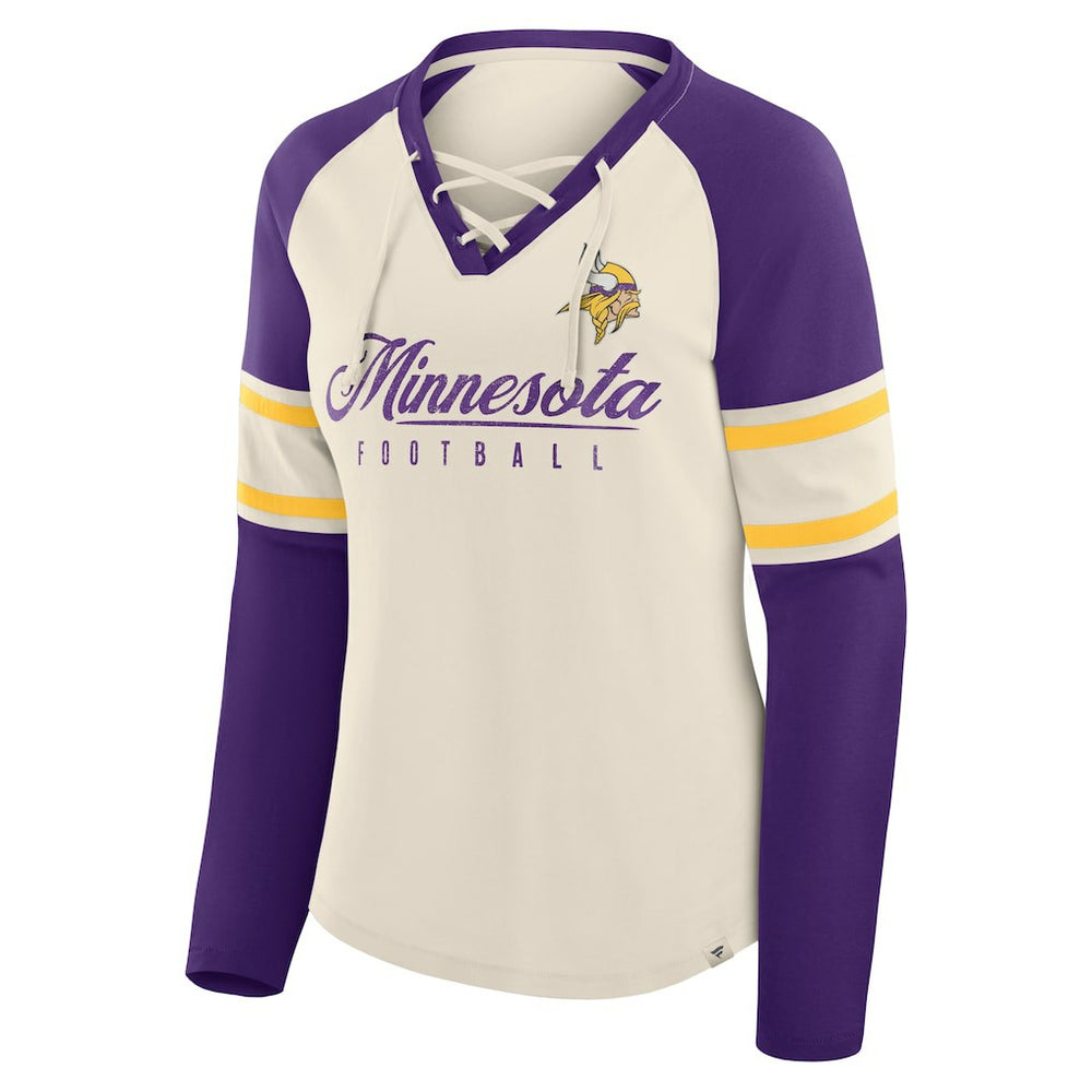 Minnesota Vikings Women's Hometown Gridiron Hero Raglan Lace-Up V-Neck Long Sleeve T-Shirt - Cream/Purple T-shirts