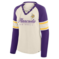 Minnesota Vikings Women's Hometown Gridiron Hero Raglan Lace-Up V-Neck Long Sleeve T-Shirt - Cream/Purple T-shirts