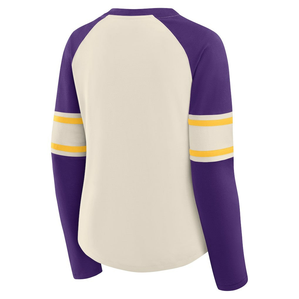 Minnesota Vikings Women's Hometown Gridiron Hero Raglan Lace-Up V-Neck Long Sleeve T-Shirt - Cream/Purple T-shirts