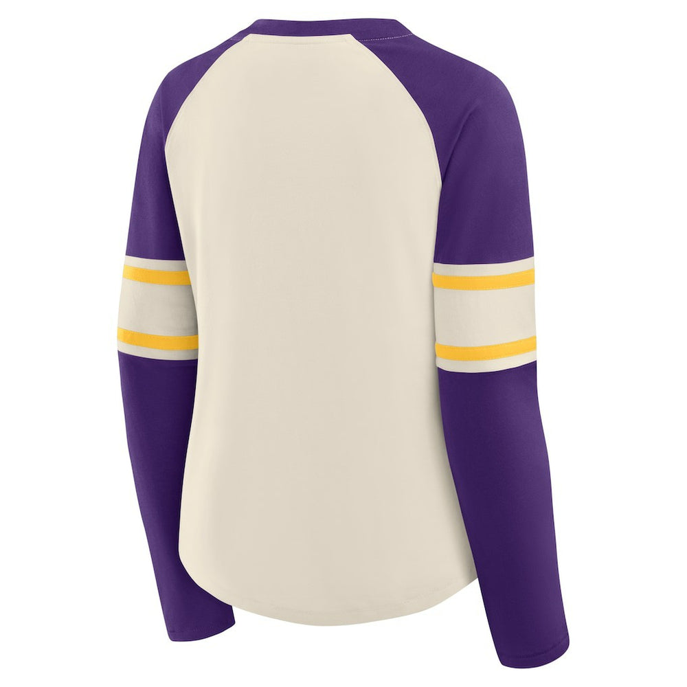 Minnesota Vikings Women's Hometown Gridiron Hero Raglan Lace-Up V-Neck Long Sleeve T-Shirt - Cream/Purple T-shirts