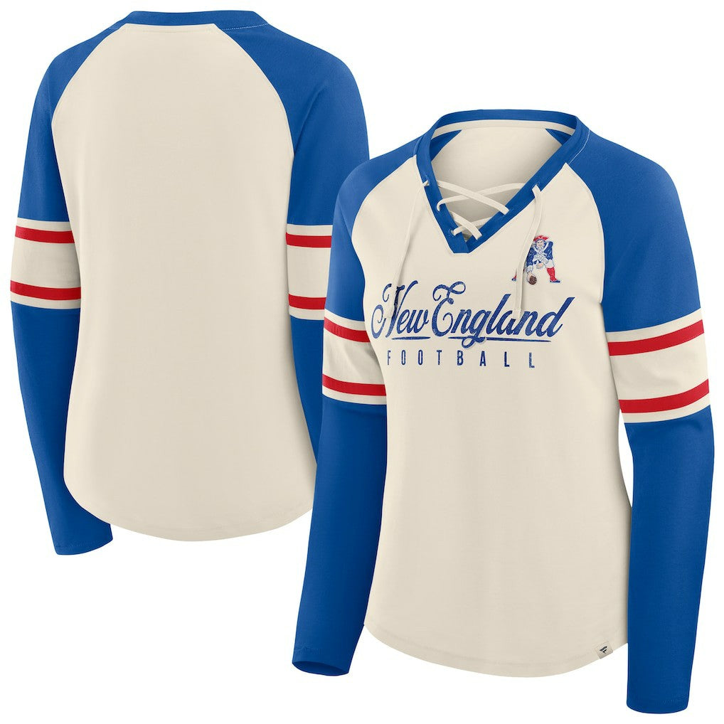 New England Patriots Women's Hometown Gridiron Hero Raglan Lace-Up V-Neck Long Sleeve T-Shirt - Cream/Royal T-shirts
