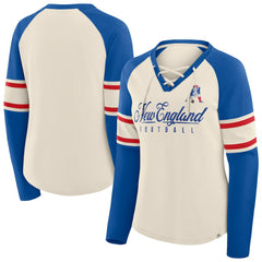 New England Patriots Women's Hometown Gridiron Hero Raglan Lace-Up V-Neck Long Sleeve T-Shirt - Cream/Royal T-shirts