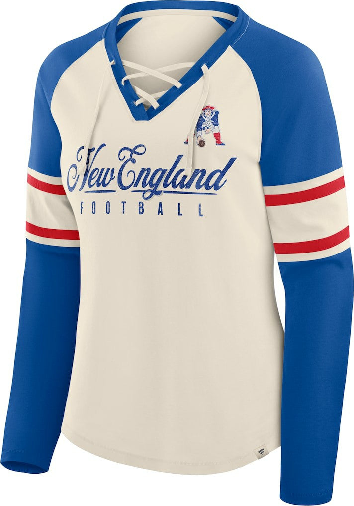 New England Patriots Women's Hometown Gridiron Hero Raglan Lace-Up V-Neck Long Sleeve T-Shirt - Cream/Royal T-shirts