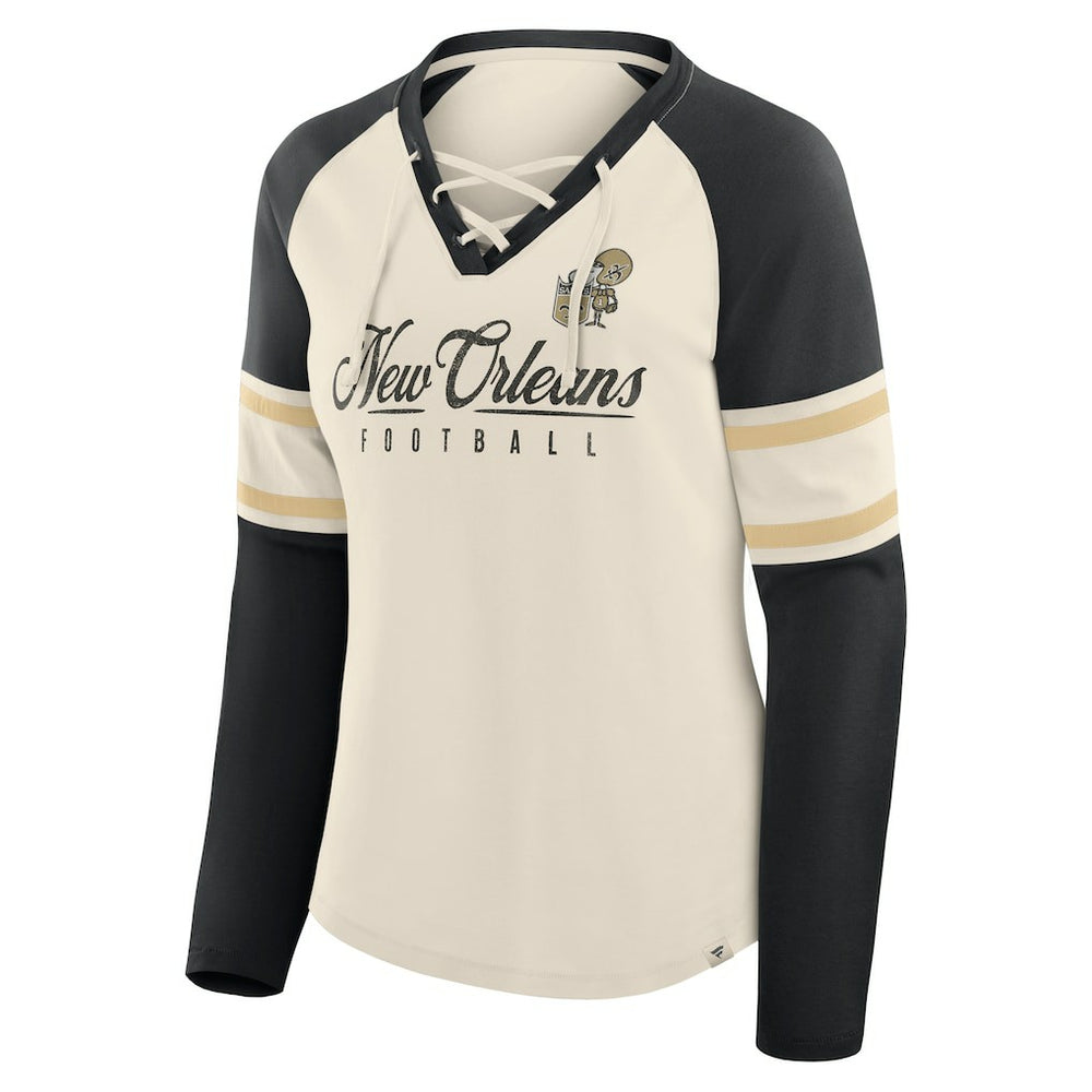 New Orleans Saints Women's Hometown Gridiron Hero Raglan Lace-Up V-Neck Long Sleeve T-Shirt - Cream/Black T-shirts