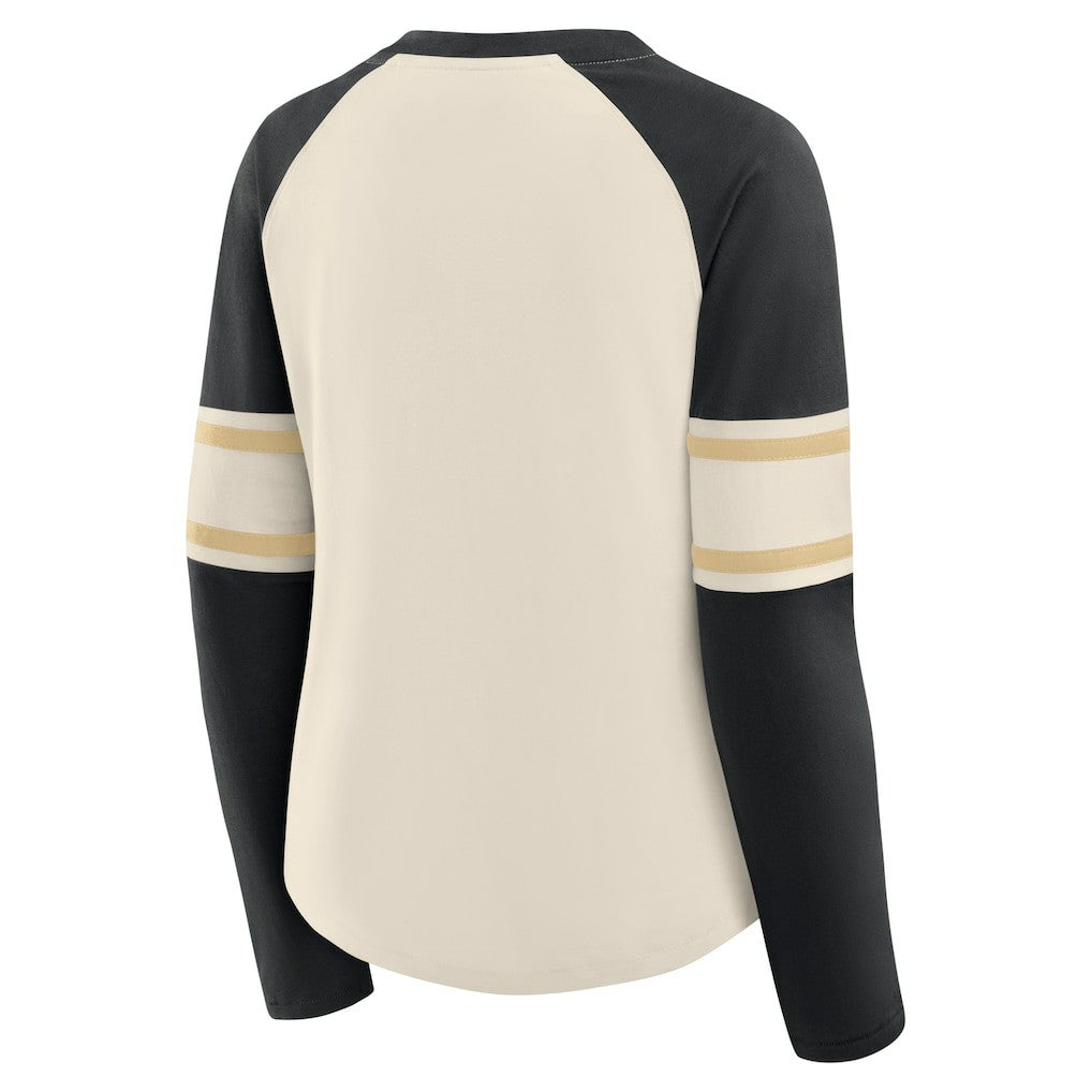 New Orleans Saints Women's Hometown Gridiron Hero Raglan Lace-Up V-Neck Long Sleeve T-Shirt - Cream/Black T-shirts