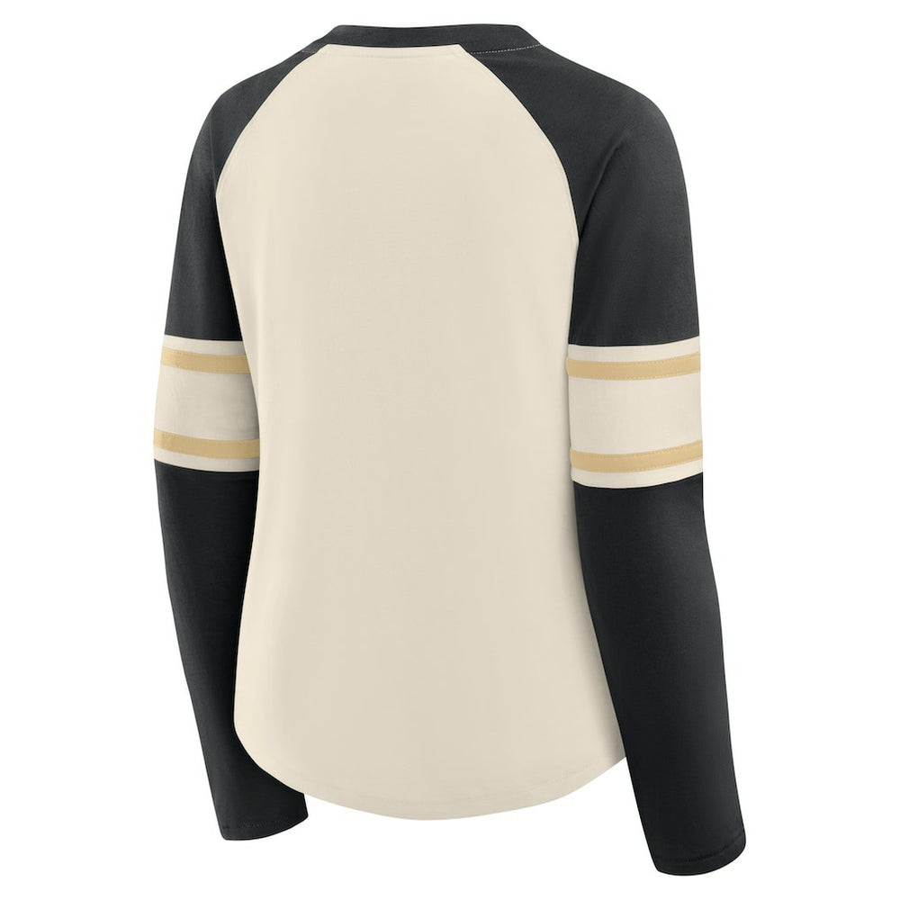 New Orleans Saints Women's Hometown Gridiron Hero Raglan Lace-Up V-Neck Long Sleeve T-Shirt - Cream/Black T-shirts