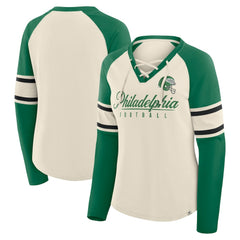 Philadelphia Eagles Women's Hometown Gridiron Hero Raglan Lace-Up V-Neck Long Sleeve T-Shirt - Cream/Kelly Green T-shirts