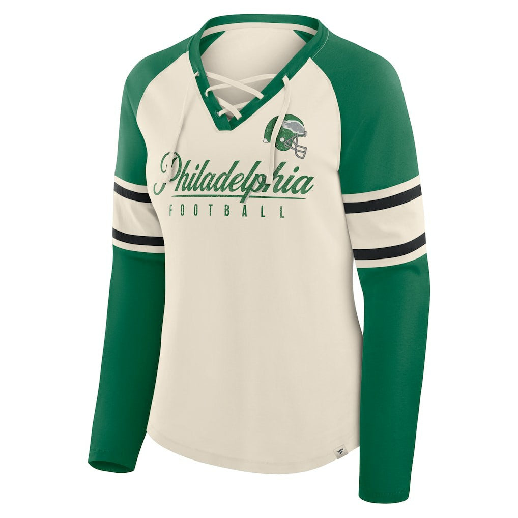 Philadelphia Eagles Women's Hometown Gridiron Hero Raglan Lace-Up V-Neck Long Sleeve T-Shirt - Cream/Kelly Green T-shirts