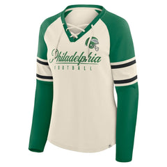Philadelphia Eagles Women's Hometown Gridiron Hero Raglan Lace-Up V-Neck Long Sleeve T-Shirt - Cream/Kelly Green T-shirts
