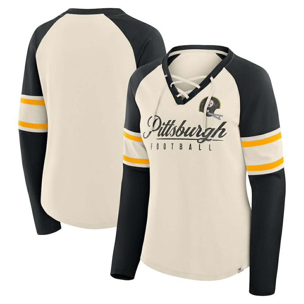 Pittsburgh Steelers Women's Hometown Gridiron Hero Raglan Lace-Up V-Neck Long Sleeve T-Shirt - Cream/Black T-shirts
