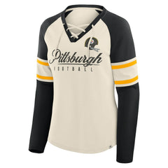 Pittsburgh Steelers Women's Hometown Gridiron Hero Raglan Lace-Up V-Neck Long Sleeve T-Shirt - Cream/Black T-shirts