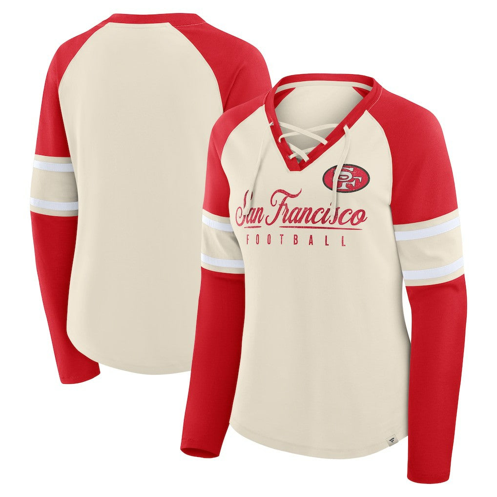 San Francisco 49ers Women's Hometown Gridiron Hero Raglan Lace-Up V-Neck Long Sleeve T-Shirt - Cream/Scarlet T-shirts