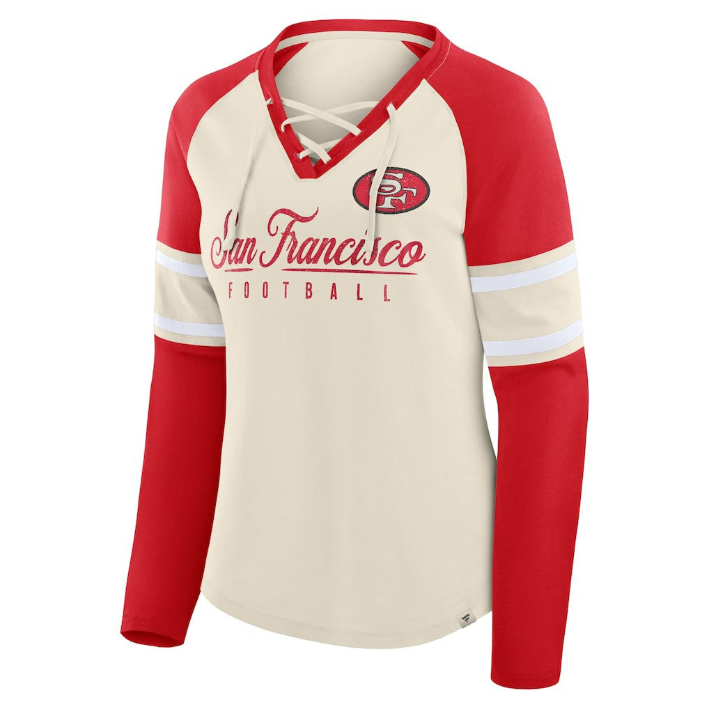 San Francisco 49ers Women's Hometown Gridiron Hero Raglan Lace-Up V-Neck Long Sleeve T-Shirt - Cream/Scarlet T-shirts