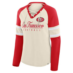 San Francisco 49ers Women's Hometown Gridiron Hero Raglan Lace-Up V-Neck Long Sleeve T-Shirt - Cream/Scarlet T-shirts