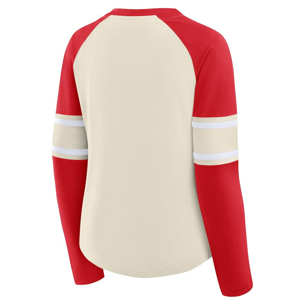 San Francisco 49ers Women's Hometown Gridiron Hero Raglan Lace-Up V-Neck Long Sleeve T-Shirt - Cream/Scarlet T-shirts