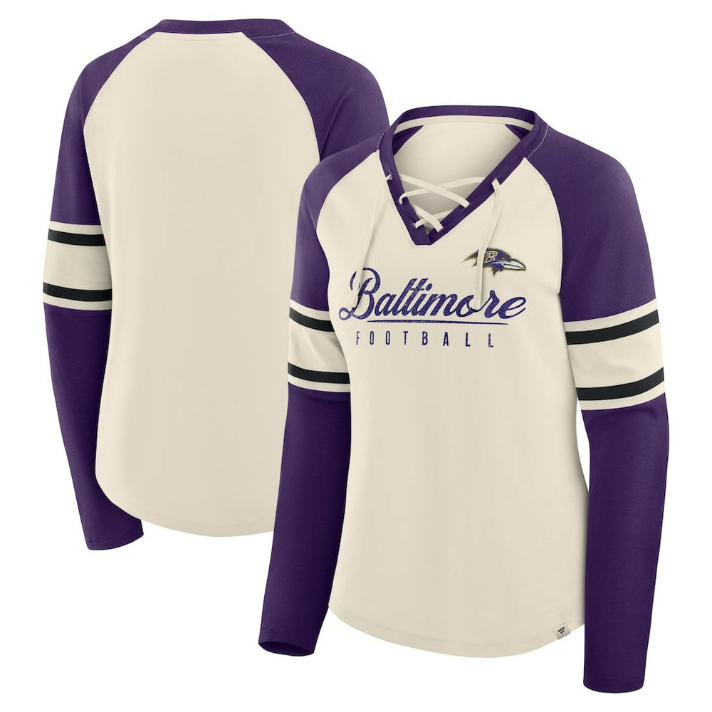 Baltimore Ravens Women's Hometown Gridiron Hero Raglan Lace-Up V-Neck Long Sleeve T-Shirt - Cream/Purple T-shirts