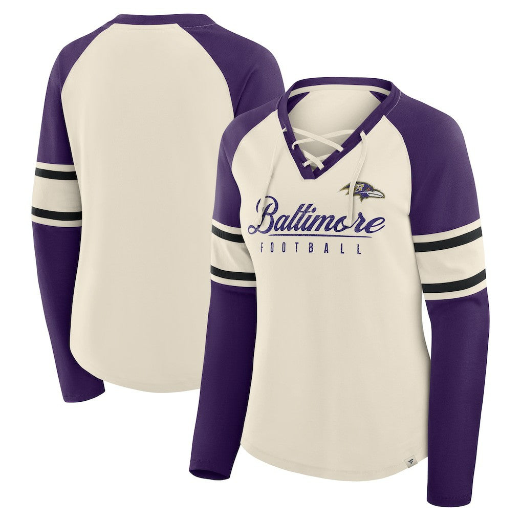 Baltimore Ravens Women's Hometown Gridiron Hero Raglan Lace-Up V-Neck Long Sleeve T-Shirt - Cream/Purple T-shirts