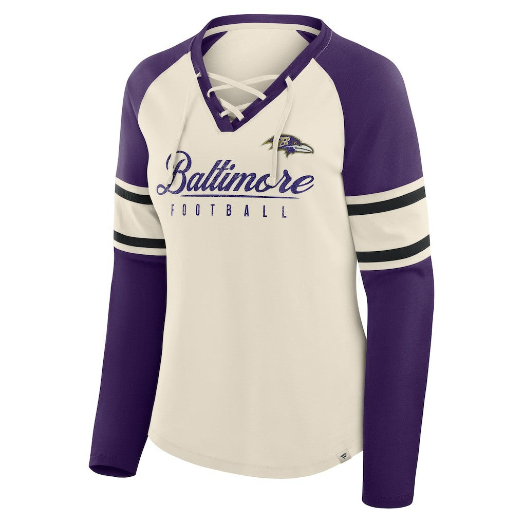 Baltimore Ravens Women's Hometown Gridiron Hero Raglan Lace-Up V-Neck Long Sleeve T-Shirt - Cream/Purple T-shirts
