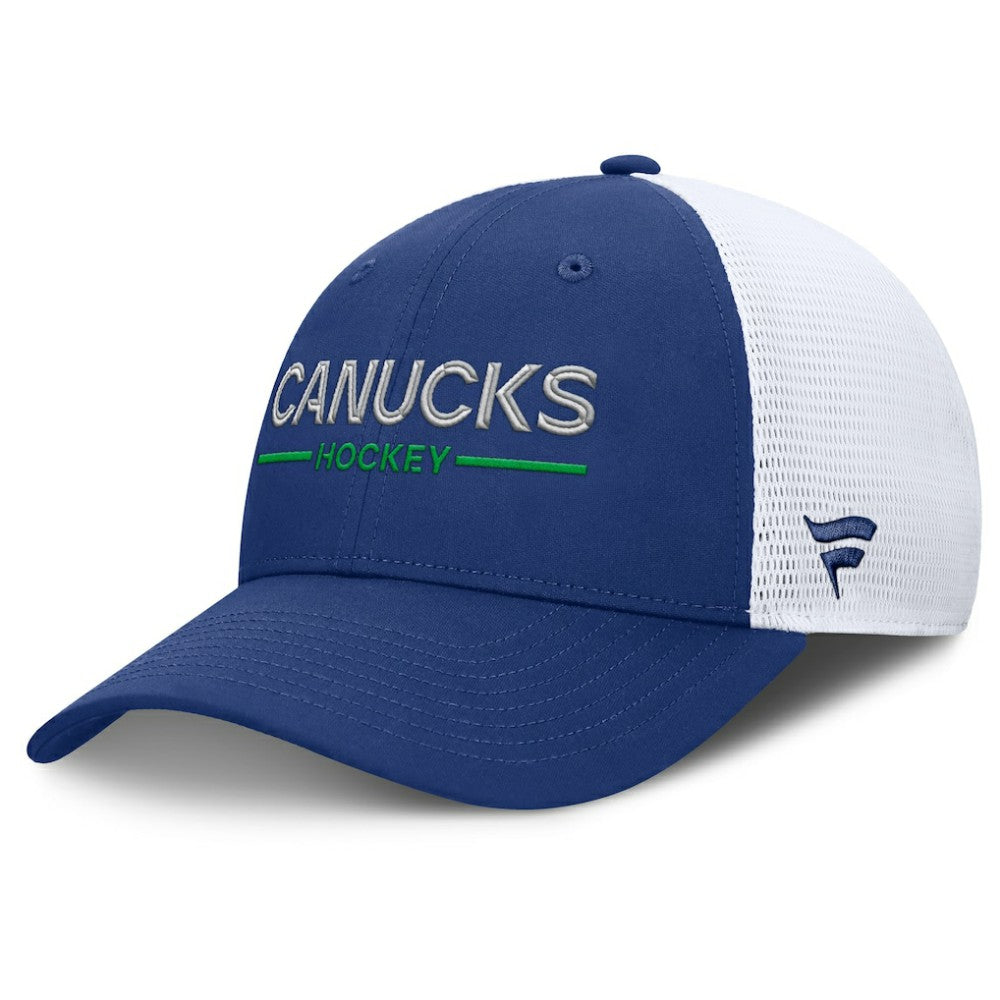 Vancouver Canucks Fanatics Authentic Pro Rink Lockup Adjustable Trucker Hat - Blue/White | US 202499006