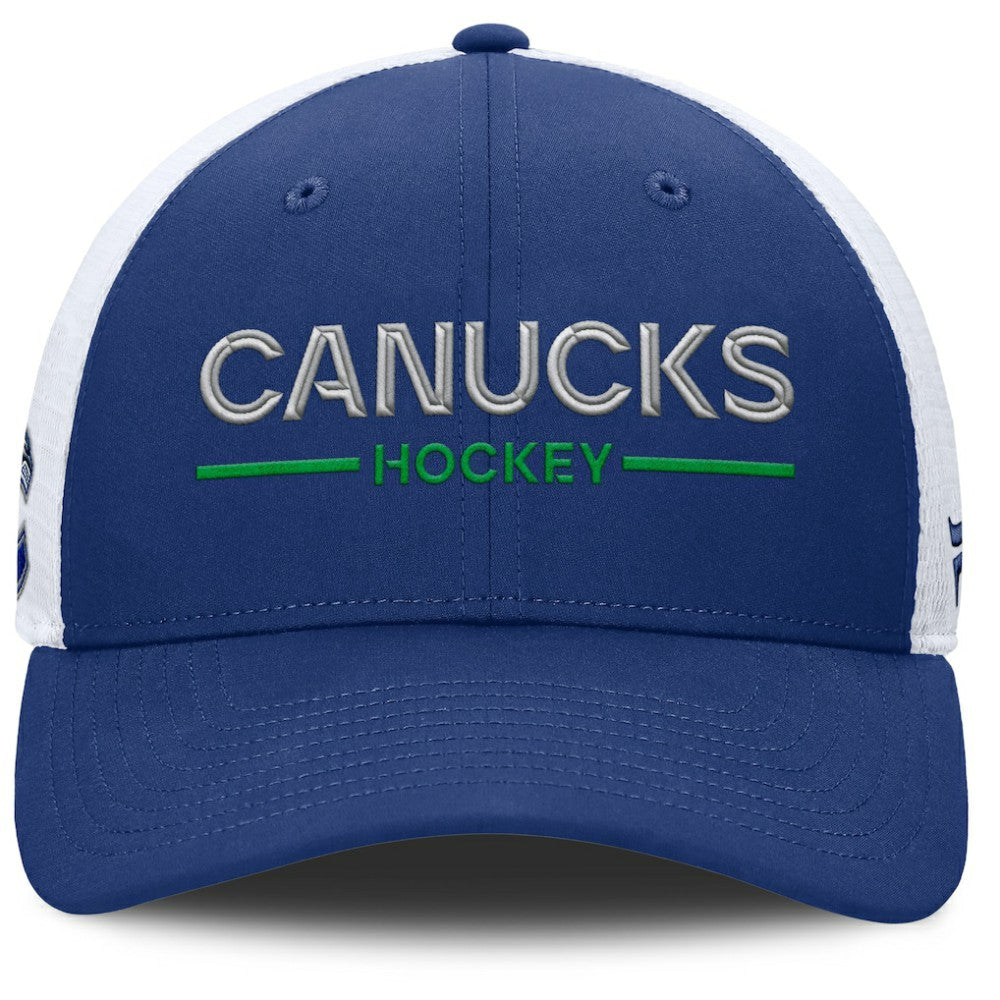 Vancouver Canucks Fanatics Authentic Pro Rink Lockup Adjustable Trucker Hat - Blue/White | US 202499006