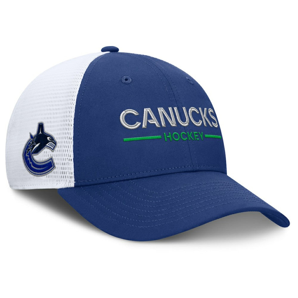Vancouver Canucks Fanatics Authentic Pro Rink Lockup Adjustable Trucker Hat - Blue/White | US 202499006