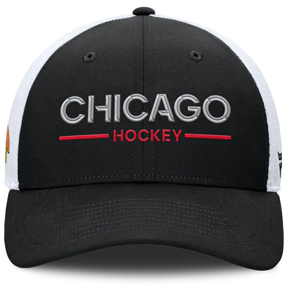 Chicago Blackhawks Fanatics Authentic Pro Rink Lockup Adjustable Trucker Hat - Black/White | US 202499022