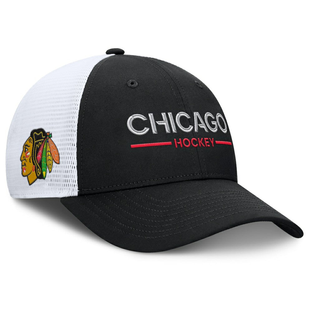 Chicago Blackhawks Fanatics Authentic Pro Rink Lockup Adjustable Trucker Hat - Black/White | US 202499022