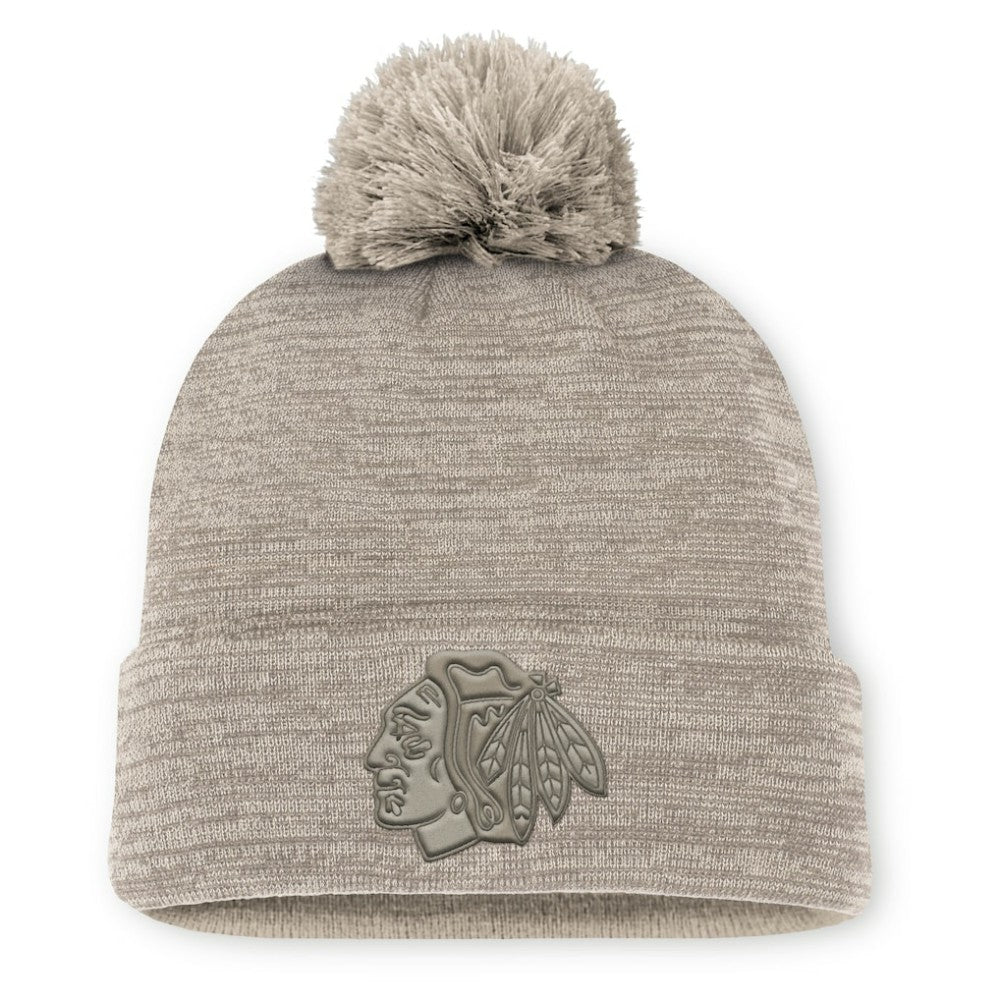 Chicago Blackhawks Fanatics Authentic Pro Road Cuffed Knit Hat with Pom - Tan | US 202499222