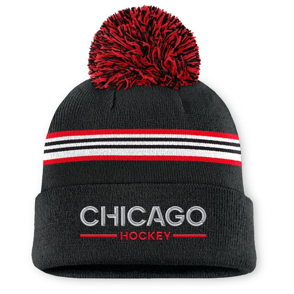 Chicago Blackhawks Fanatics Women's Authentic Pro Rink Cuffed Knit Hat with Pom - Black | US 202499226