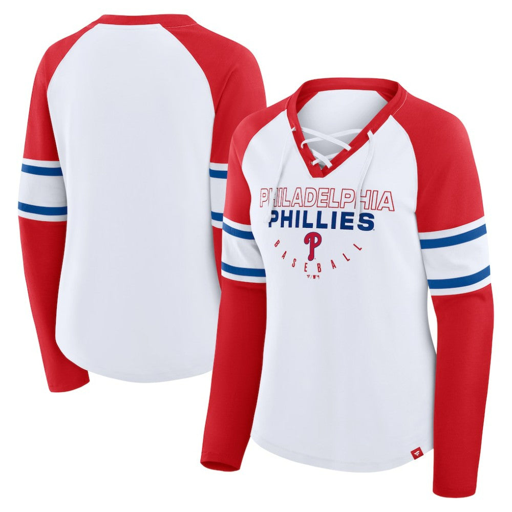 Philadelphia Phillies Fanatics Women's Blitz Package Raglan Lace-Up V-Neck Long Sleeve T-Shirt - White/Red T-shirts