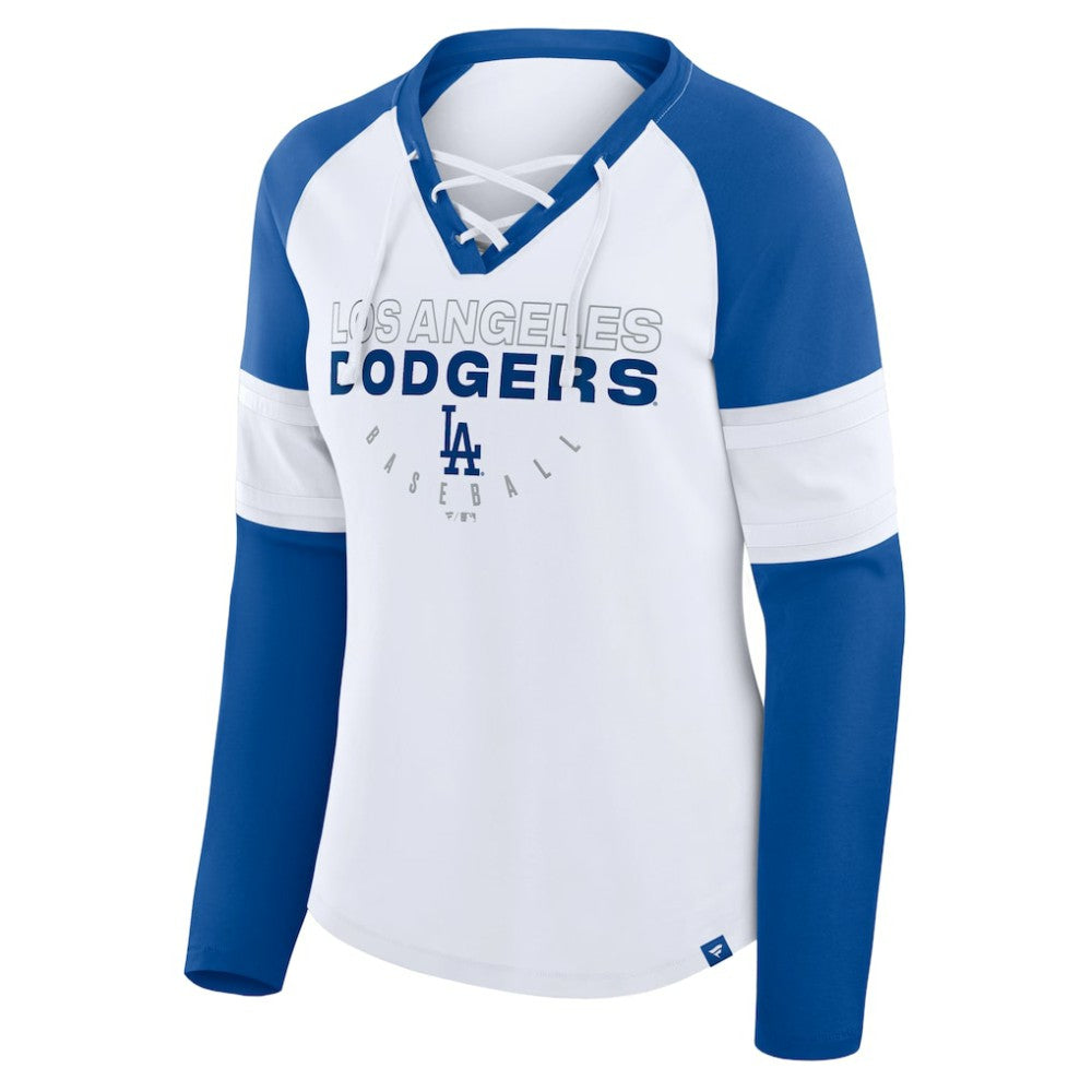 Los Angeles Dodgers Fanatics Women's Blitz Package Raglan Lace-Up V-Neck Long Sleeve T-Shirt - White/Royal T-shirts