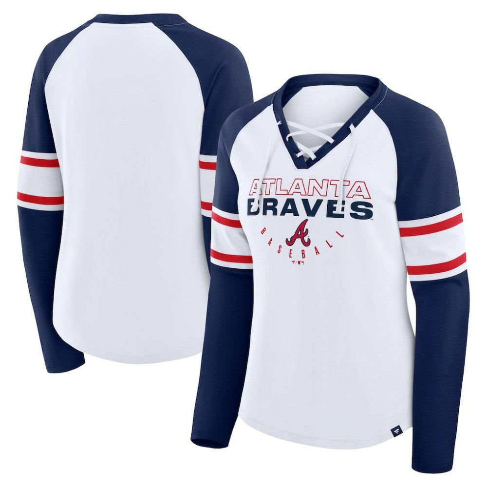 Atlanta Braves Fanatics Women's Blitz Package Raglan Lace-Up V-Neck Long Sleeve T-Shirt - White/Navy T-shirts