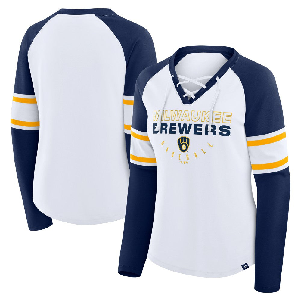 Milwaukee Brewers Fanatics Women's Blitz Package Raglan Lace-Up V-Neck Long Sleeve T-Shirt - White/Navy T-shirts