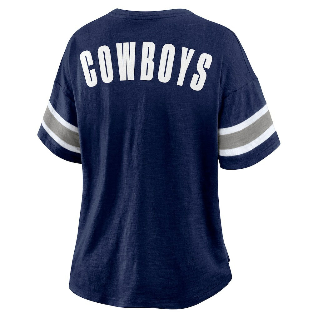 Dallas Cowboys Women's Redzone Bling Stripe Sleeve Notch Neck T-Shirt - Navy T-shirts