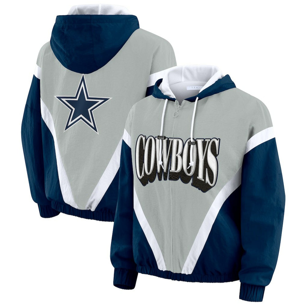 Dallas Cowboys WEAR by Erin Andrews Women's Plus Size Retro Crinkle Full-Zip Hoodie Windbreaker Jacket - Navy/Gray Hoodies