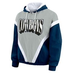 Dallas Cowboys WEAR by Erin Andrews Women's Plus Size Retro Crinkle Full-Zip Hoodie Windbreaker Jacket - Navy/Gray Hoodies