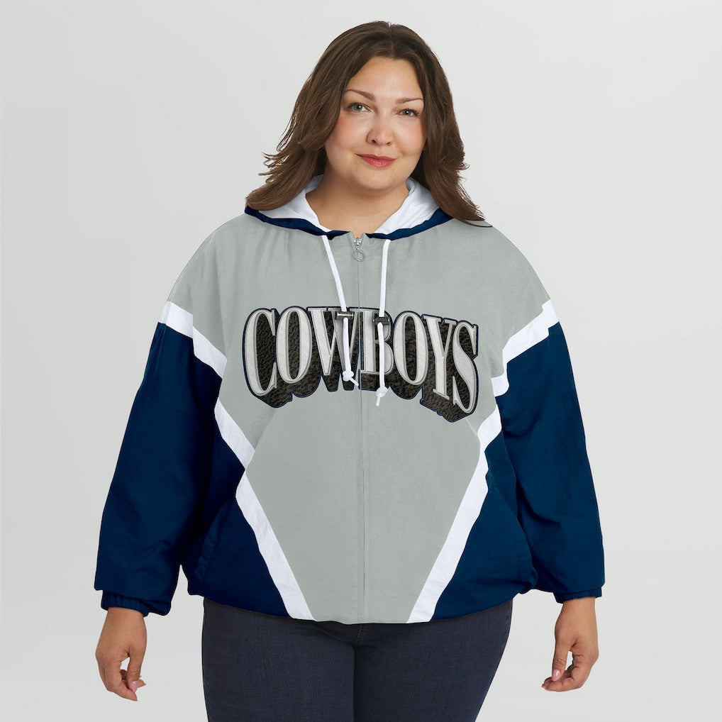 Dallas Cowboys WEAR by Erin Andrews Women's Plus Size Retro Crinkle Full-Zip Hoodie Windbreaker Jacket - Navy/Gray Hoodies
