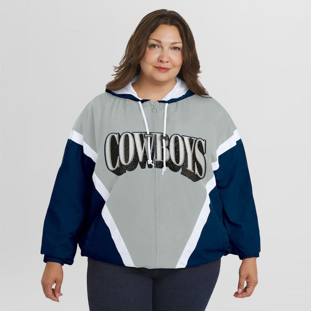 Dallas Cowboys WEAR by Erin Andrews Women's Plus Size Retro Crinkle Full-Zip Hoodie Windbreaker Jacket - Navy/Gray Hoodies