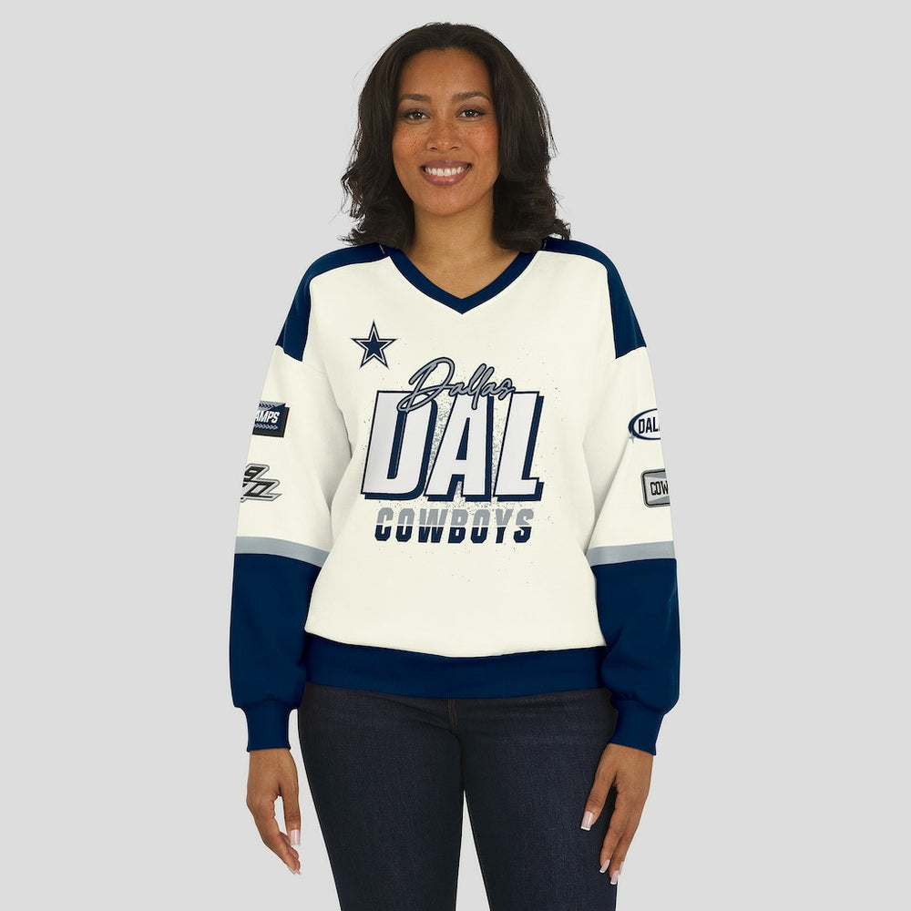 Dallas Cowboys WEAR by Erin Andrews Women's Racing Crew V-Neck Sweatshirt - Cream Sweatshirts