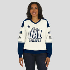 Dallas Cowboys WEAR by Erin Andrews Women's Racing Crew V-Neck Sweatshirt - Cream Sweatshirts