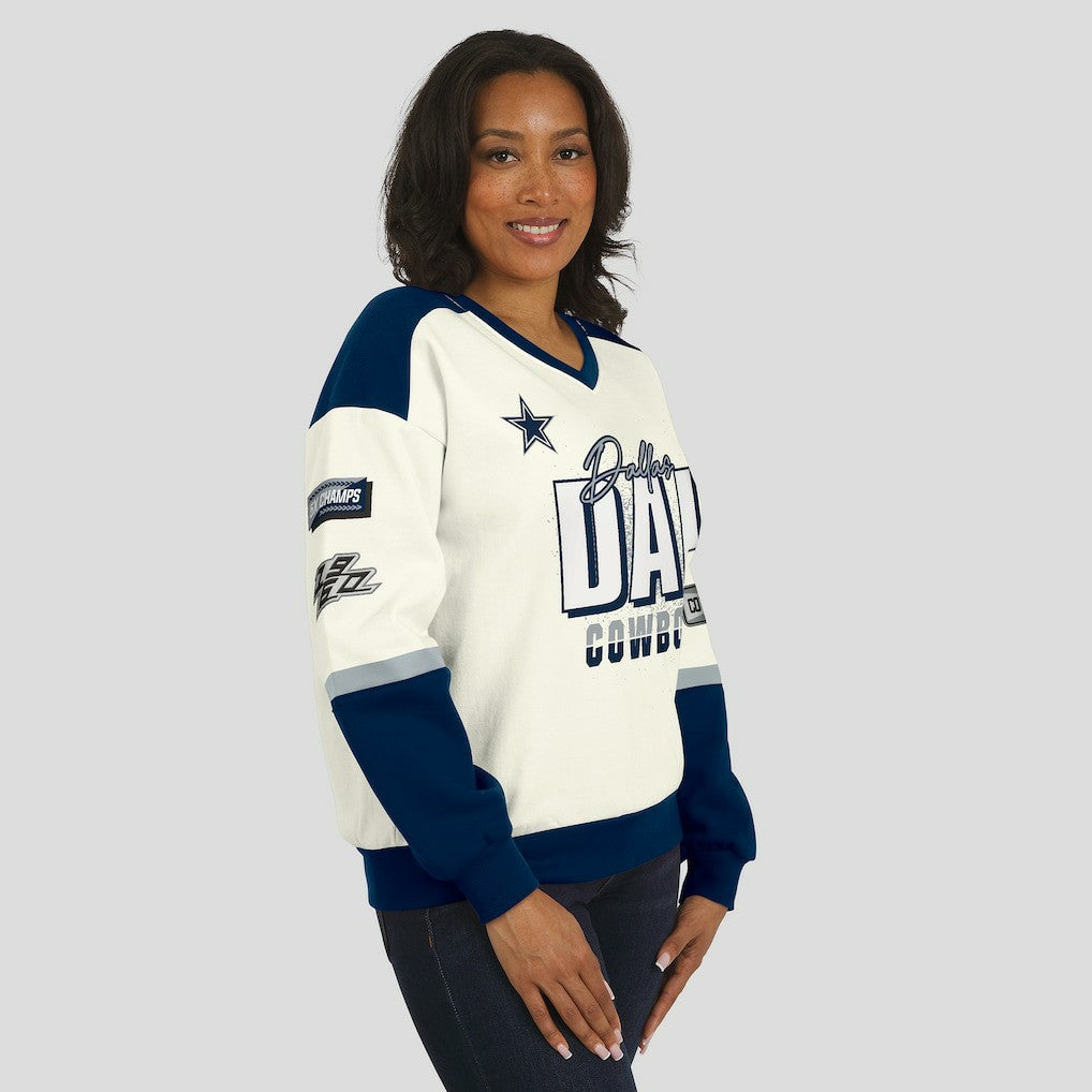 Dallas Cowboys WEAR by Erin Andrews Women's Racing Crew V-Neck Sweatshirt - Cream Sweatshirts