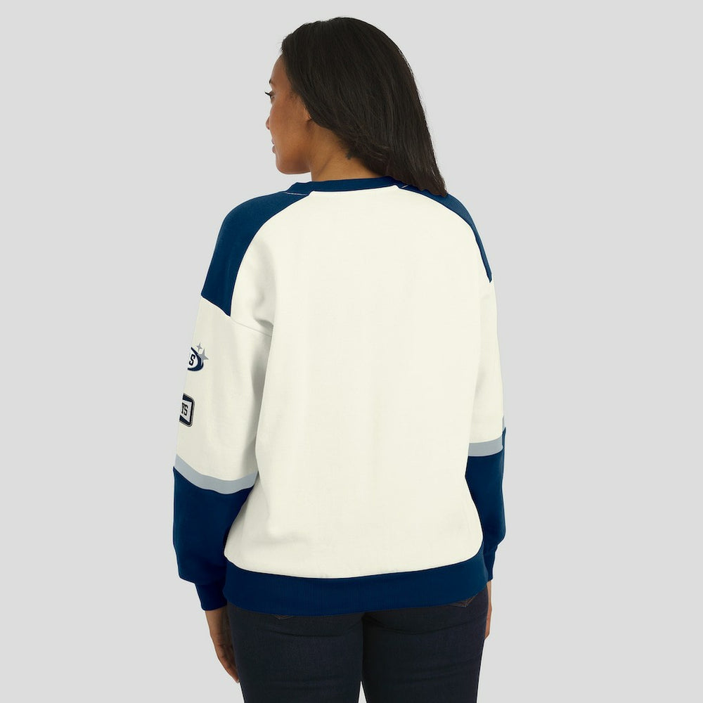 Dallas Cowboys WEAR by Erin Andrews Women's Racing Crew V-Neck Sweatshirt - Cream Sweatshirts