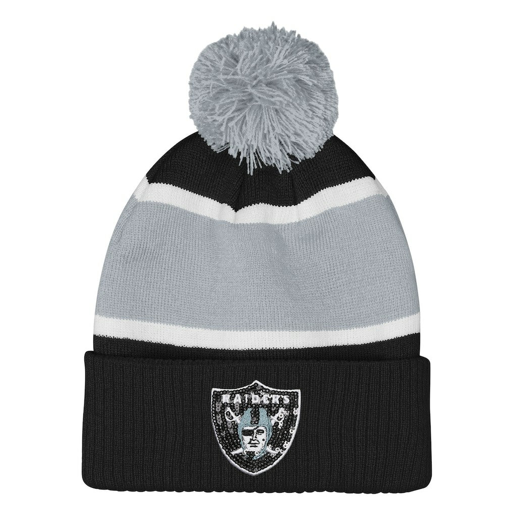 Las Vegas Raiders Outerstuff Girls Let's Play Cuffed Knit Hat with Pom - Black Hats