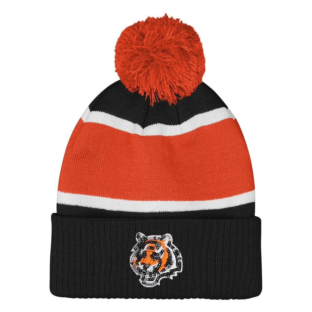 Cincinnati Bengals Outerstuff Girls Let's Play Cuffed Knit Hat with Pom - Black Hats
